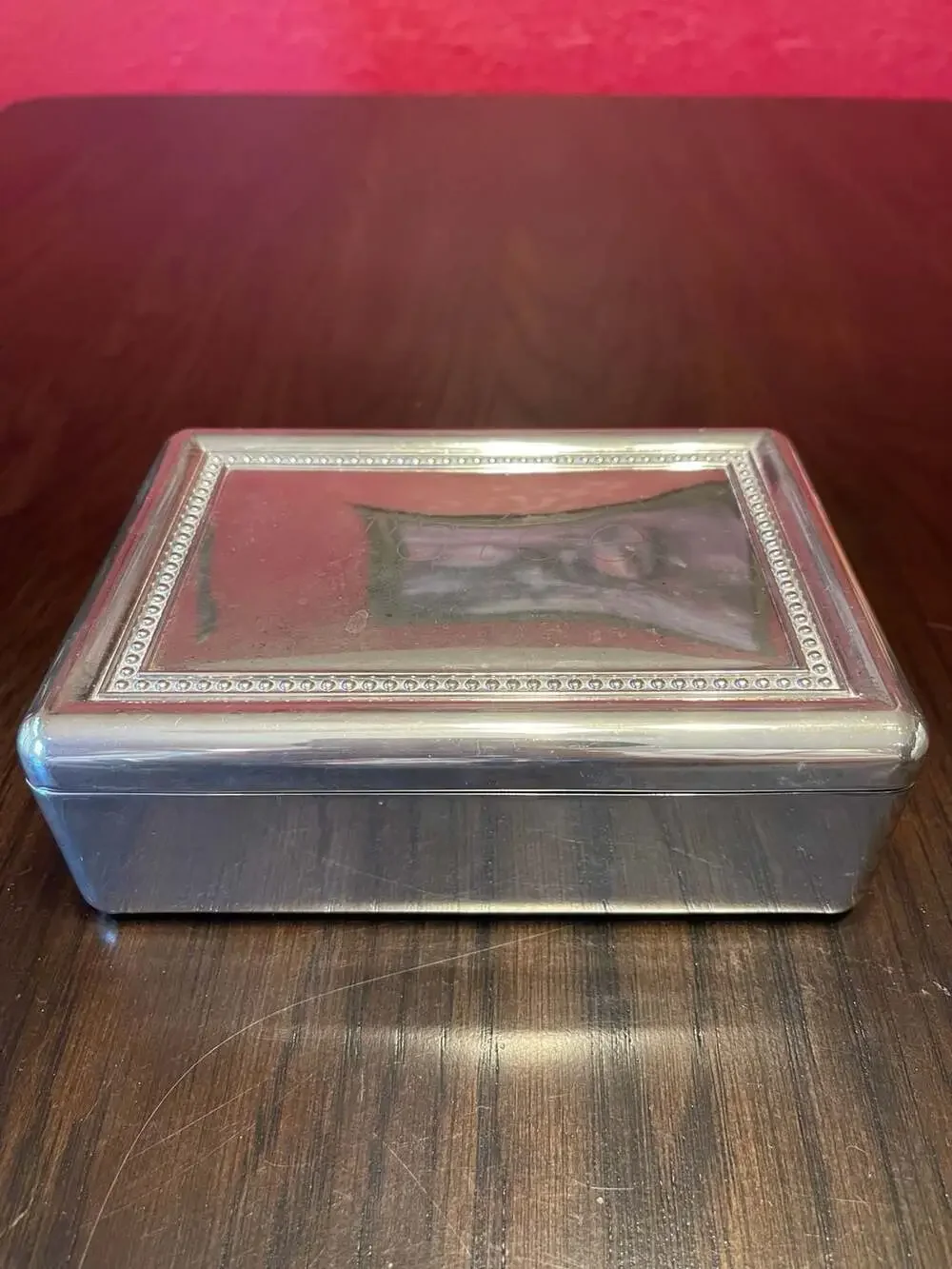 Vntg Silver-Plated Rectangular Trinket Jewelry Box w/Mirror & Red Velvet Lining